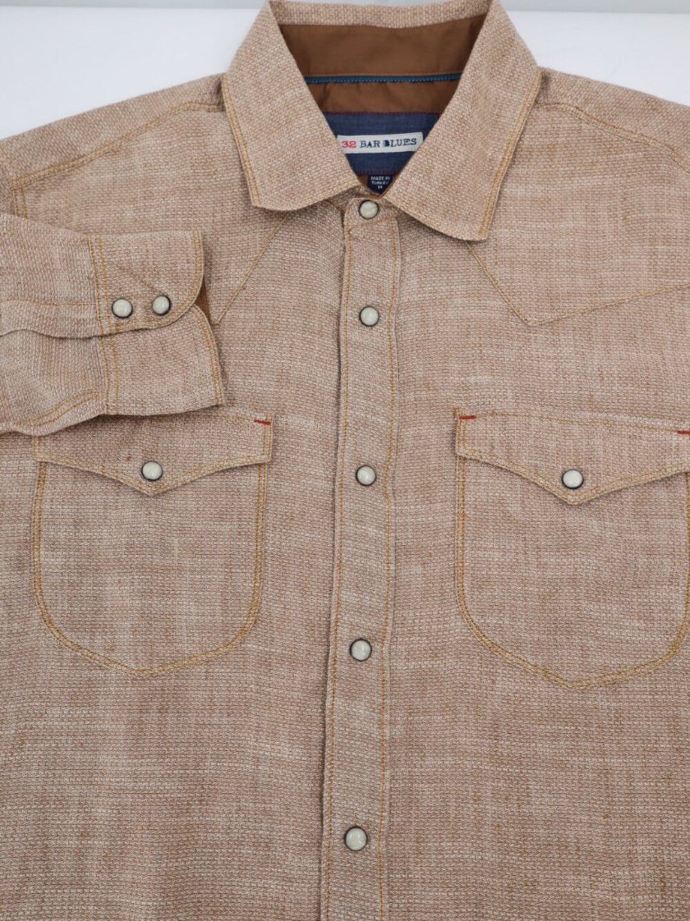 32 Bar Blues Shirt Men Medium Linen Blend Pearl Snap Western Long Sleeve pocket